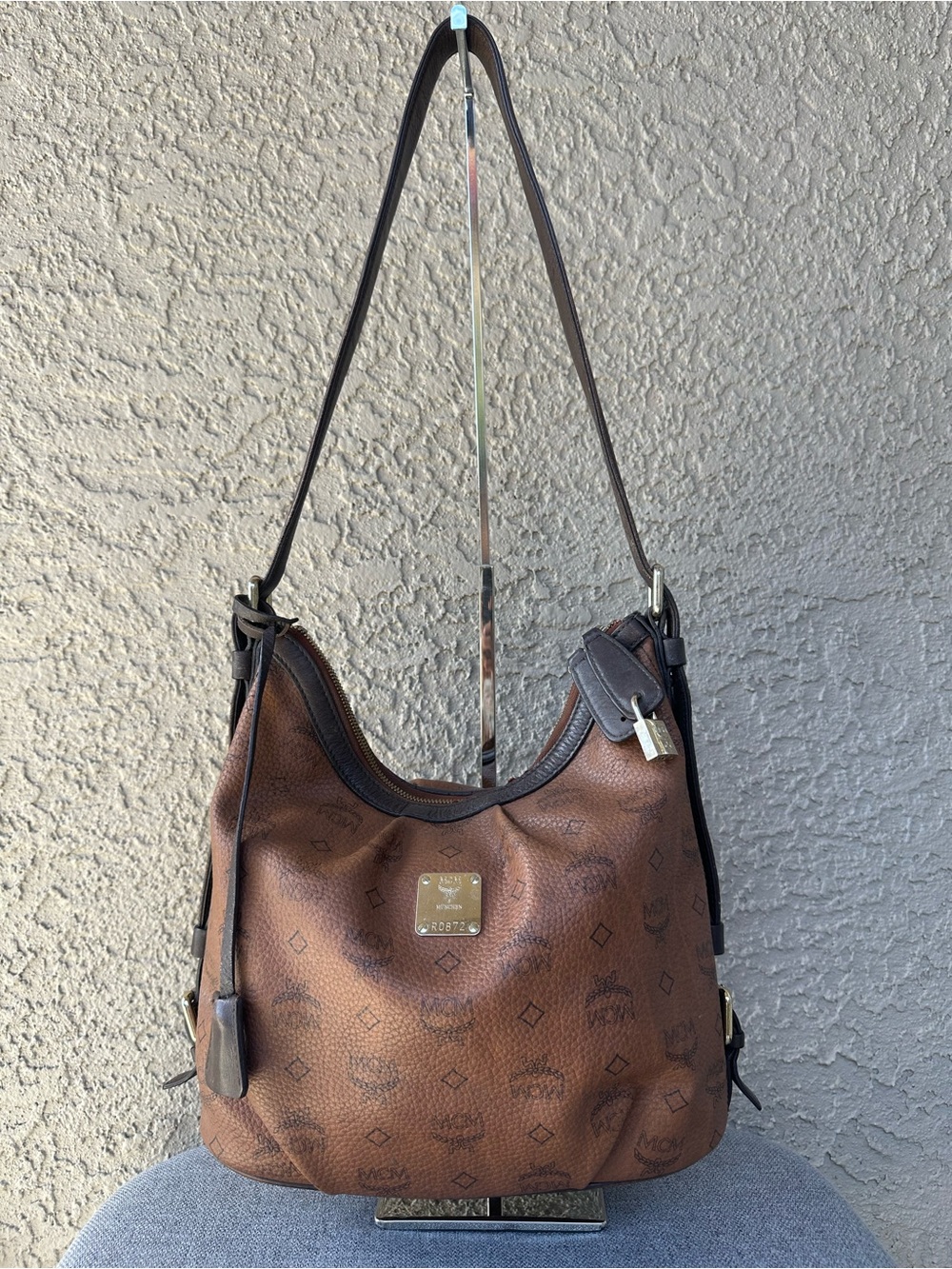 MCM monogram Brown Logo-Print Leather crossbody Bag